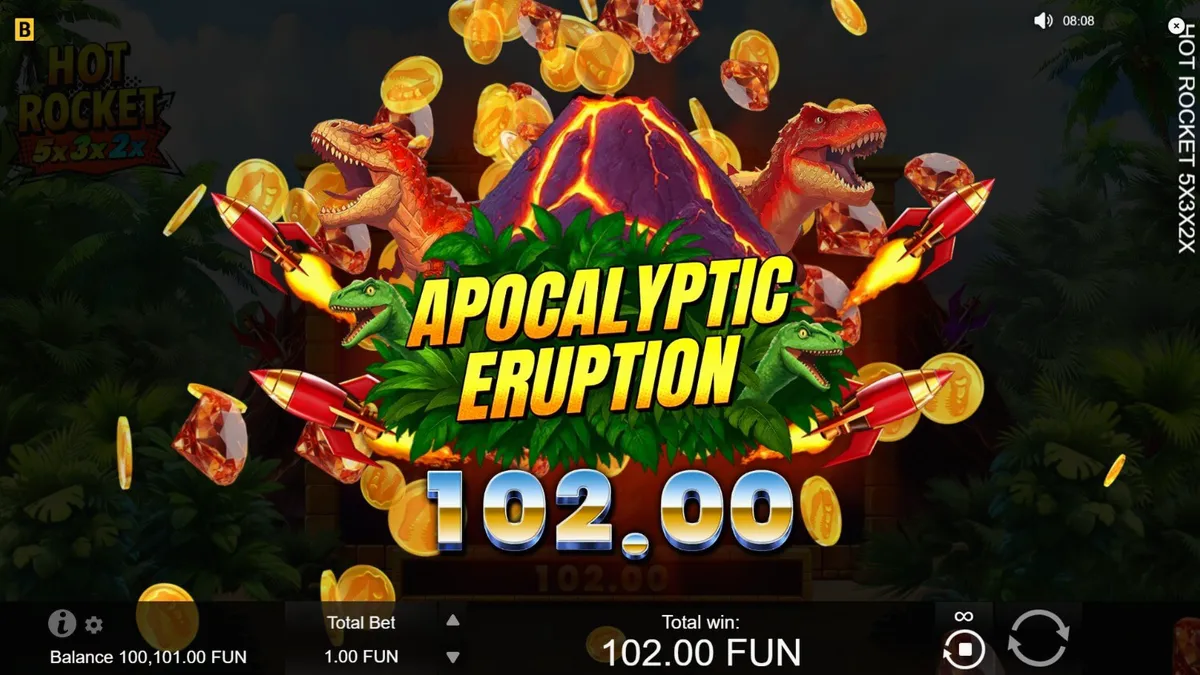 Hot Rocket 5x 3x 2x slot game interface featuring volcanic theme