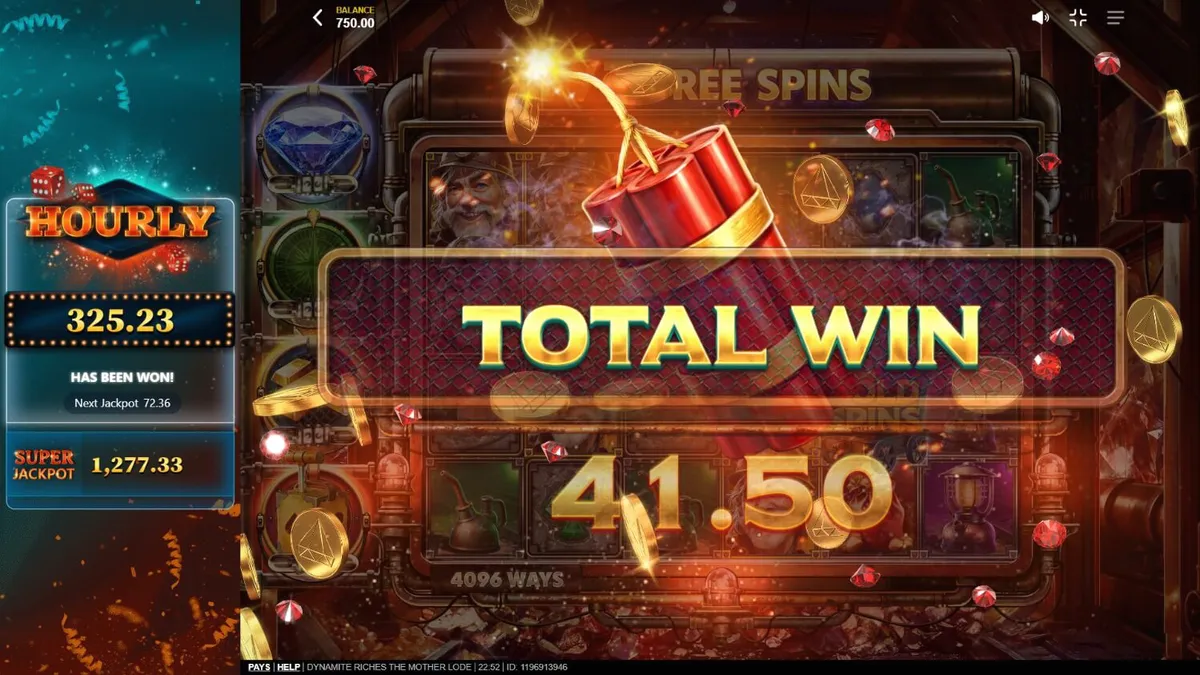 Dynamite Riches The Mother Lode slot interface featuring mining tools and gold